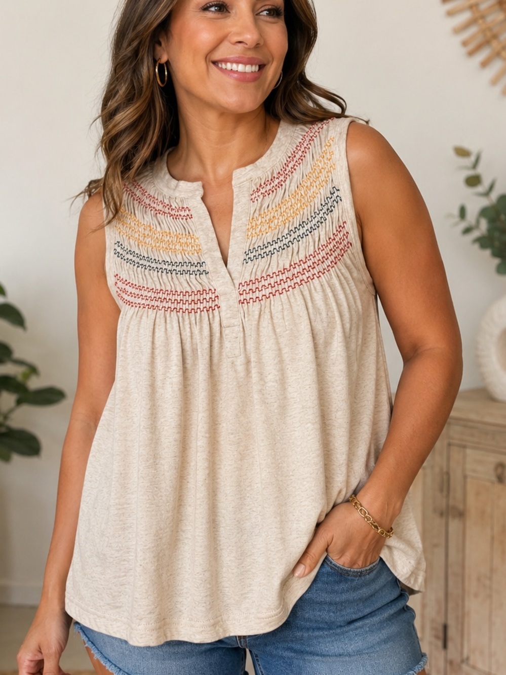 THML Cream Sleeveless Embroidered Yoke Tank